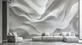 A monochromatic interior is brought to life with an abstract threedimensional wall mural. The mural depicts overlapping