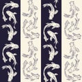 Monochromatic koi fish or Japanese carps on vertical stripes with alternated colors representing yin and yang in a traditional