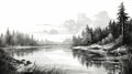 Monochromatic Landscape Art Illustration On A River