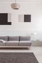 Monochromatic living room interior with grey and white design