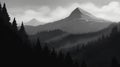 A Monochromatic Minimalist Painting Of A Mountain Landscape. Gen