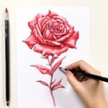 Monochromatic Red Rose Drawing With Colored Pencils