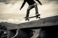 A monochromatic scene a person balancing gracefully on a skateboard