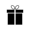 A monochromatic silhouette of a rectangular gift box adorned with a bow