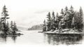 Monochromatic Sketch Of Serene Lake View With Pine Trees