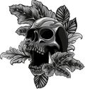 monochromatic Skull and leaves on white background Royalty Free Stock Photo