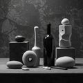 A monochromatic still life composition featuring various objects on a textured table. Royalty Free Stock Photo