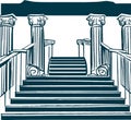 (Monochromatic vector artwork displaying an elegant stone staircase with railings and columns on a white background.eps Royalty Free Stock Photo