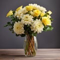 Monochromatic Zinnia Arrangement With White And Yellow Roses In A Vase