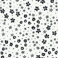 Monochrome abstract ditsy hand-painted balck flowers scattered on white background vector seamless pattern