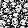Seamless pattern with skulls and funny monsters heads, AI generated