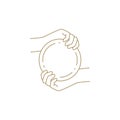 Monochrome antique human hands holding circle plate copy space blank design line art icon vector