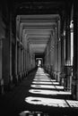 Black and white photo of classical colonnade with dramatic shadow patterns Royalty Free Stock Photo