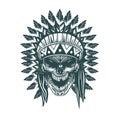 Indian skull. Monochrome hand drawn tatoo style Royalty Free Stock Photo