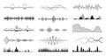 Monochrome audio sound waves, song or voice symbols. Radio frequency, monitor vibration and rhythm. Digital equalizer Royalty Free Stock Photo