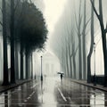 A monochrome of an avenue of trees on a rainy day Royalty Free Stock Photo