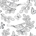 Seamless pattern with birds, butterflies and willow branches on a white background. Hand-drawn Vector Illustration. Spring nature Royalty Free Stock Photo