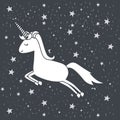 Monochrome background with caricature of unicorn jumping in starry heaven