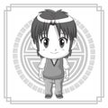 Monochrome background japanese symbol with silhouette cute anime tennager expression happiness