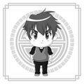 Monochrome background japanese symbol with silhouette cute anime tennager facial expression angry