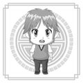 Monochrome background japanese symbol with silhouette cute anime tennager facial expression bewildered