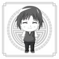 Monochrome background japanese symbol with silhouette cute anime tennager facial expression smile with eyes closed