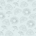Monochrome background with pattern of sun and clouds and umbrellas