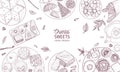 Monochrome banner template with oriental sweets lying on plates drawn with contour lines on white background, top view