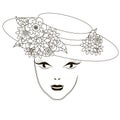 Monochrome beautiful girl in hat with flowers, coloring pages anti-stress illustration