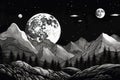 Monochrome big moon above the mountains. Generate ai