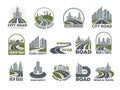 Monochrome big set of logotypes template with asphalt roads, expressway or highway