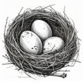 Monochrome Bird Nest with Three Spotted Eggs Hand Drawn Illustration Royalty Free Stock Photo