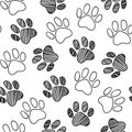 Monochrome black and white dog cat pet animal paw foot hand drawn ink sketch seamless pattern texture background vector Royalty Free Stock Photo