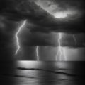 Monochrome black white landscape thunder lighting cloudy sky ocean wave Royalty Free Stock Photo