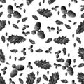 Monochrome black and white oak leaf and acorns repeating pattern design Royalty Free Stock Photo