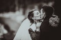 Monochrome black and white photo of the wedding the bride and groom portrait