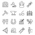 Monochrome blacksmith craft handwork icon line set vector illustration. Craftsmanship logo horseshoe