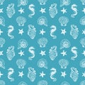 Monochrome blue line art seahorse, starfish and seashell seamless pattern background