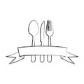 monochrome blurred contour of cutlery with ribbon