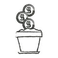 Monochrome blurred silhouette of flower pot with set of coins Royalty Free Stock Photo