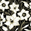 Monochrome botanical seamless pattern with white hand drawn closeup flowers