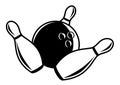 Monochrome bowling ball and falling pins Royalty Free Stock Photo