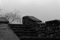 Monochrome brick grunge stone stairs and rock wall Royalty Free Stock Photo