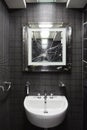 Monochrome bright mirror in bath with black walls