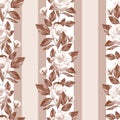 Monochrome brown floral striped seamless pattern with white roses Royalty Free Stock Photo