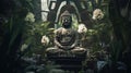 a monochrome Buddha statue surrounded by a serene garden