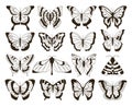 Monochrome butterflies. Black and white drawing, hand drawn tattoo shapes vintage collection. Vector butterfly isolated