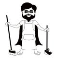 Monochrome character super dad cleaner with broom