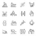 Monochrome chiropractic icon set vector physical injury or chronic disease massage treatment Royalty Free Stock Photo
