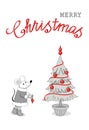 Monochrome Christmas card with cartoon mouse decorating fir-tree Royalty Free Stock Photo